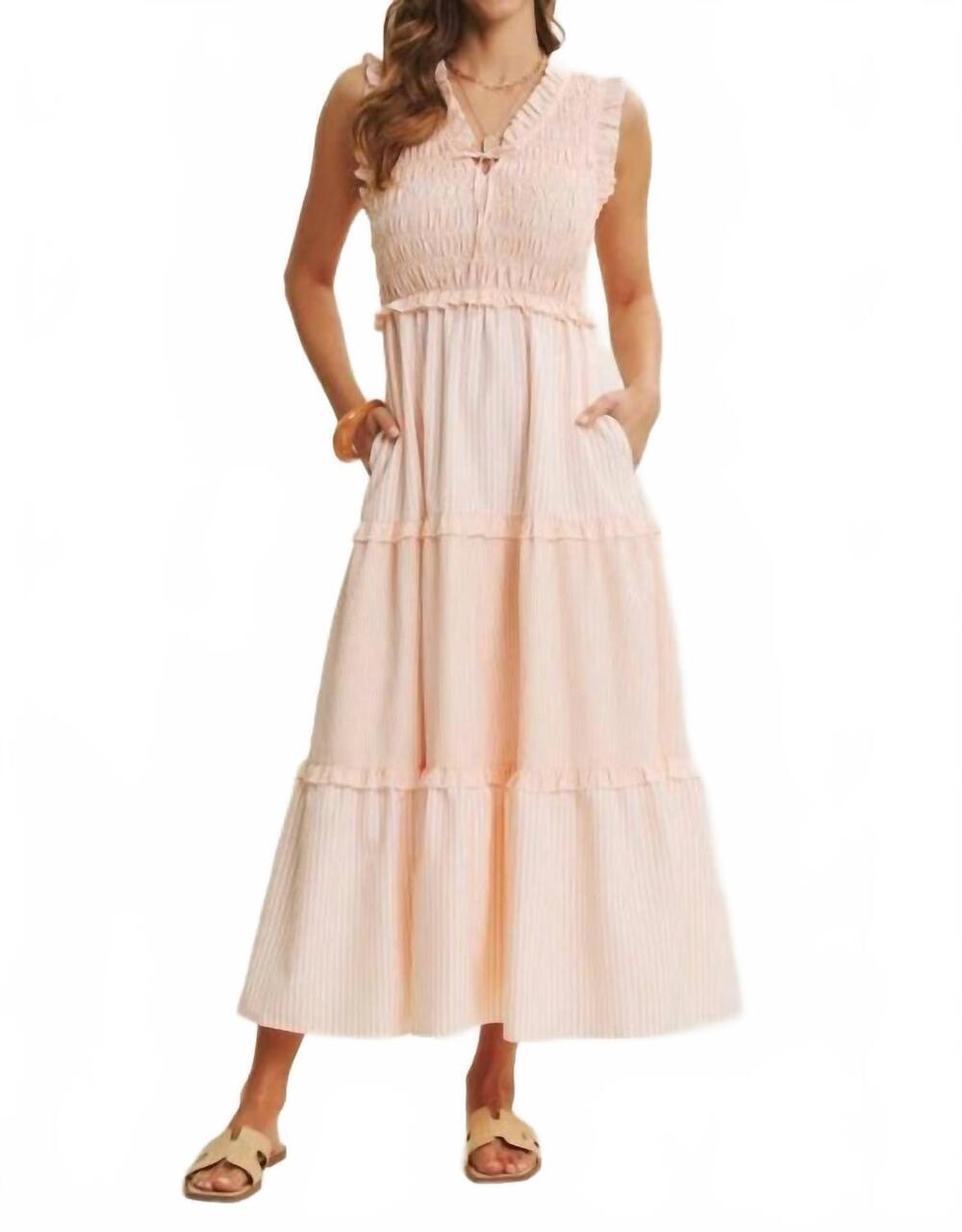 NEW IN FEBRUARY uplifting mixed stripe smocked midi dress in pink